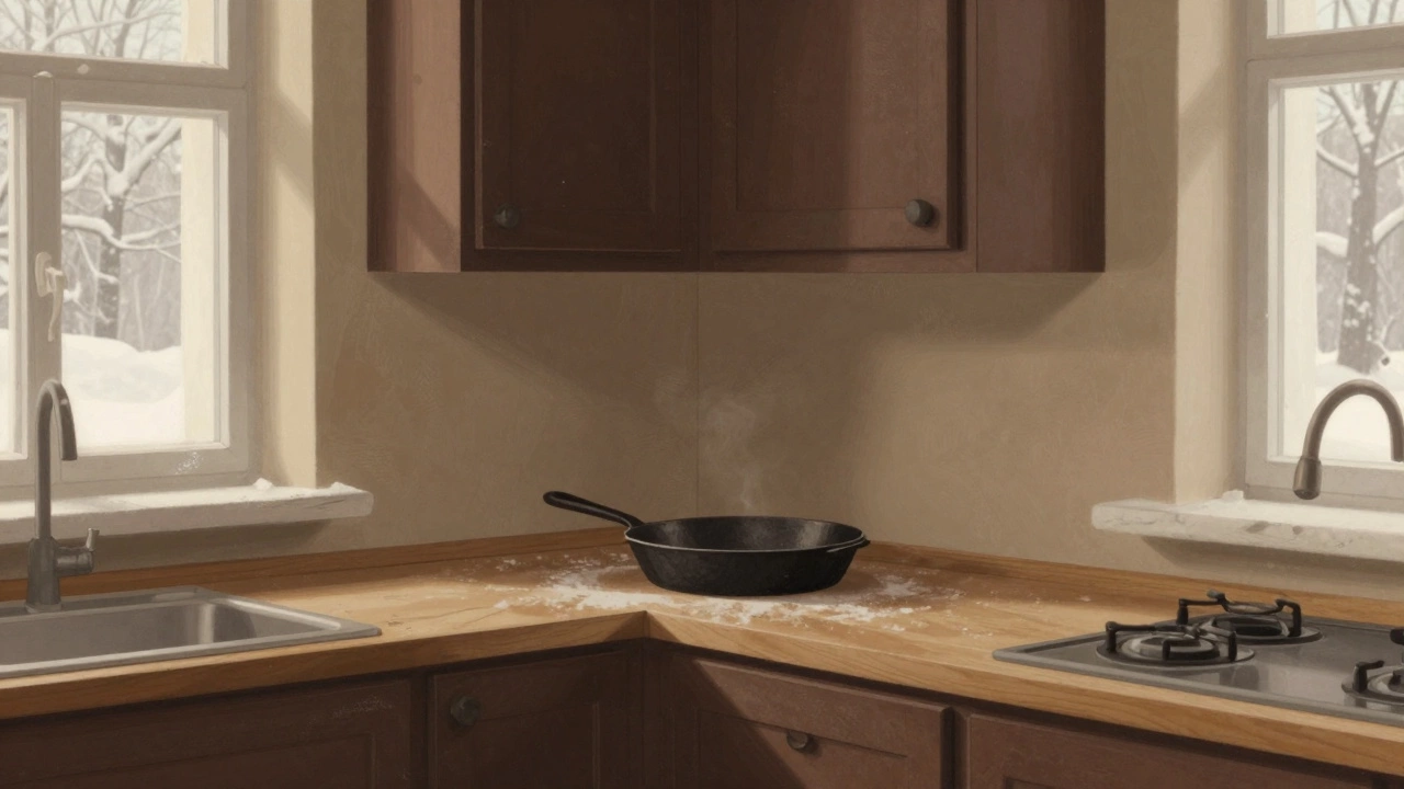 Темно-коричневые матовые фасады на кухне в Санкт-Петербурге, сковорода на столе, мягкий свет, видно за окном снег.