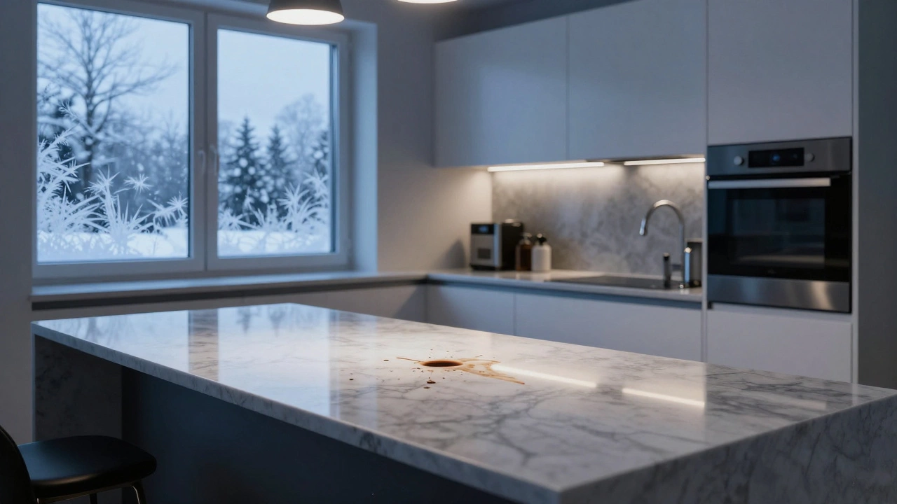 Глянцевая столешница отражает свет и отпечатки пальцев в темной кухне зимним вечером.