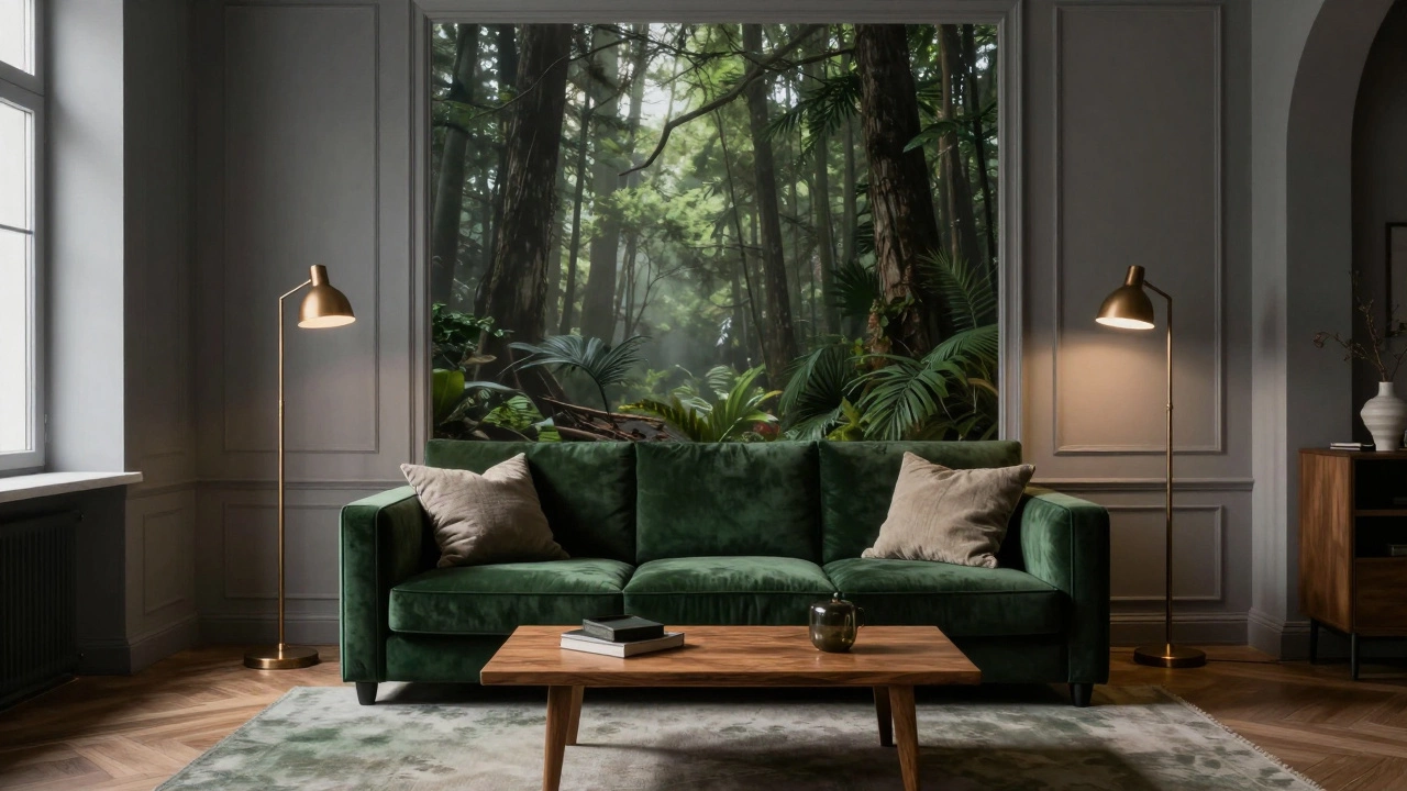 Глубокий зеленый бархатный диван в просторной гостиной с бронзовыми лампами и серыми стенами.