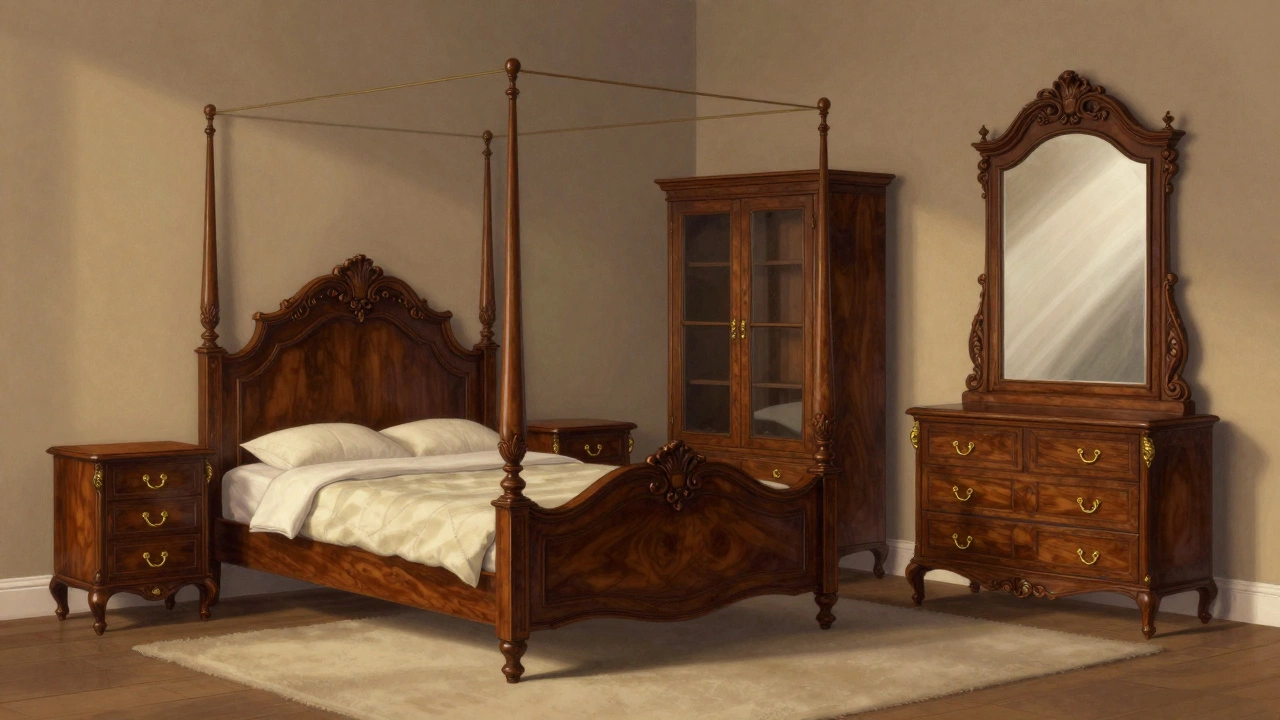 Классическая спальня с темным деревянным комплектом мебели, включая кровать с резными деталями и зеркало в раме.