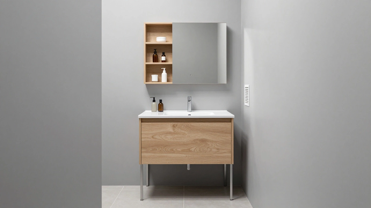 Компактная тумба на металлических ножках с открытыми полками и зеркальным фасадом в маленькой ванной.