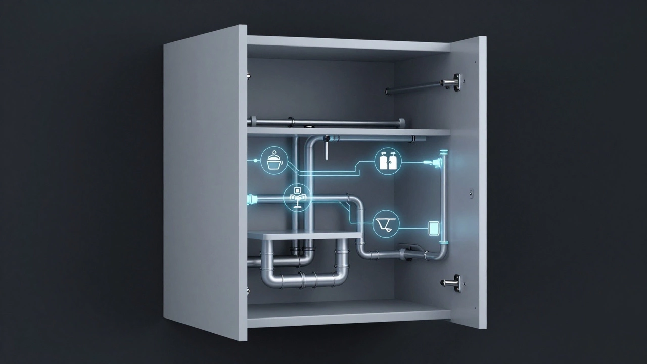 Концептуальное изображение кухонного гарнитура как скрытой инфраструктуры дома.
