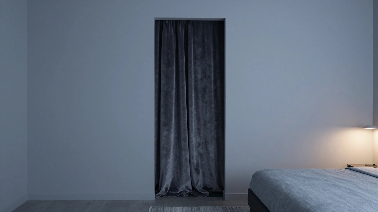 Кровать у дальней стены, дверь видна, но закрыта шторой, ощущение защищенности и тишины.