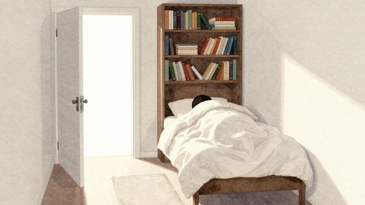 Кровать в углу комнаты, между ней и дверью — книжная полка, спокойная атмосфера, мягкий свет.