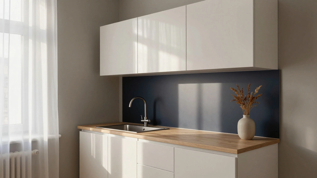 Маленькая кухня с серо-молочными стенами и темно-синей акцентной зоной, минимализм и уют в северном свете.