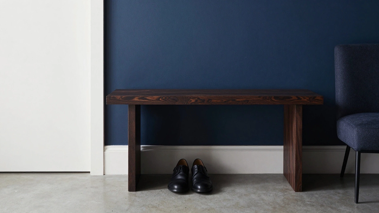 Матово-черные ботинки у деревянной консоли с глубоким индиго на стене