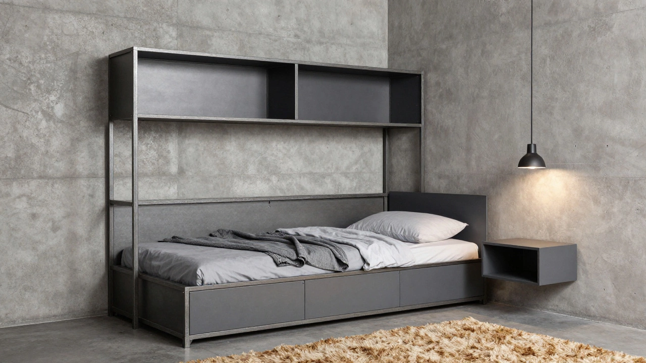 Миниатюрная спальня в стиле лофт с открытыми полками, низкой кроватью и металлическими элементами мебели.