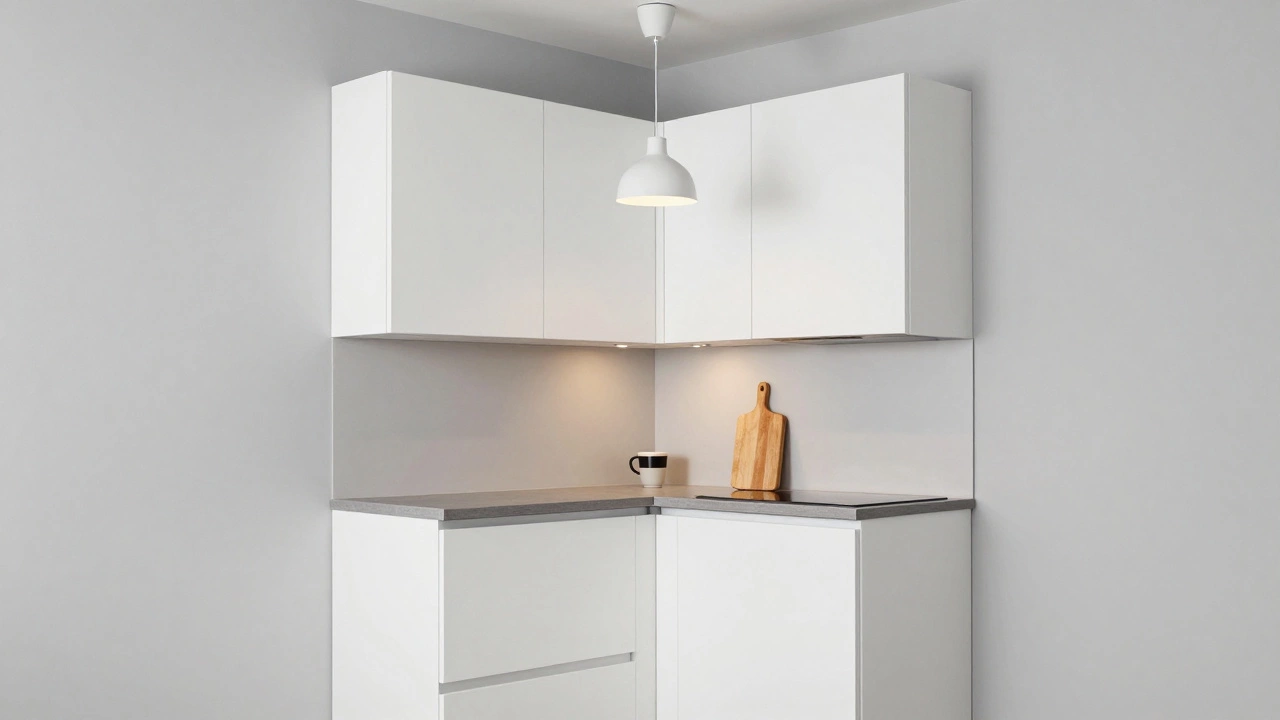 Минималистичная угловая кухня в скандинавском стиле с потолочными шкафами и без ручек.