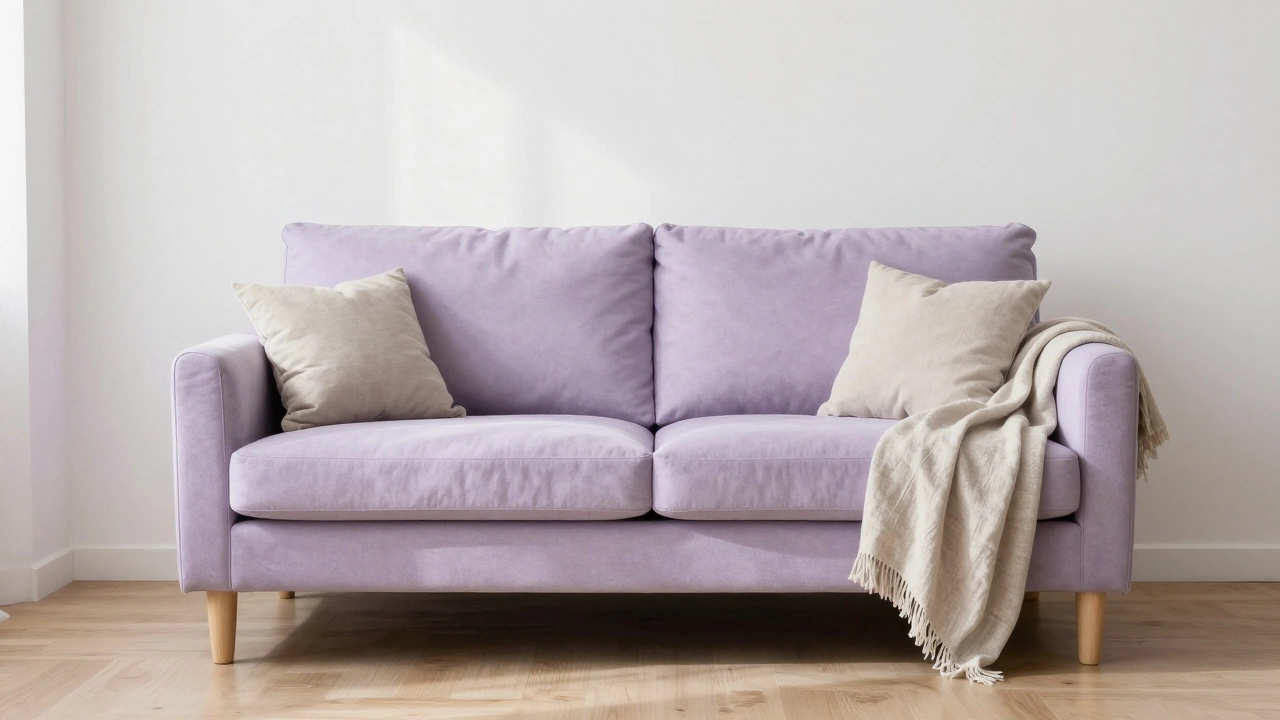 Пастельно-лавандовый диван в минималистичной гостиной с белыми стенами и деревянным полом.
