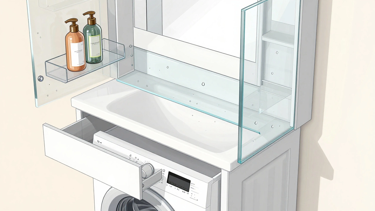 Разрез тумбы с видимыми регулируемыми полками, ящиками и герметичной столешницей из акрилового композита.