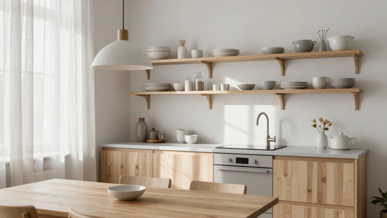 Скандинавская кухня со светлым деревом, текстилем и мягким естественным светом.