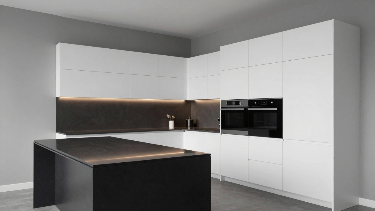 Современная кухня с матовыми белыми фасадами без ручек и встроенными приборами.