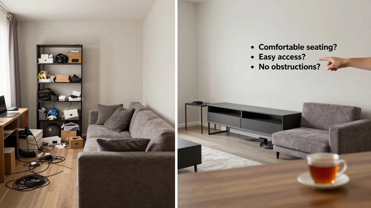 Сравнение до и после: перегруженная гостиная превращается в упорядоченное пространство с практичной мебелью и скрытым хранением.