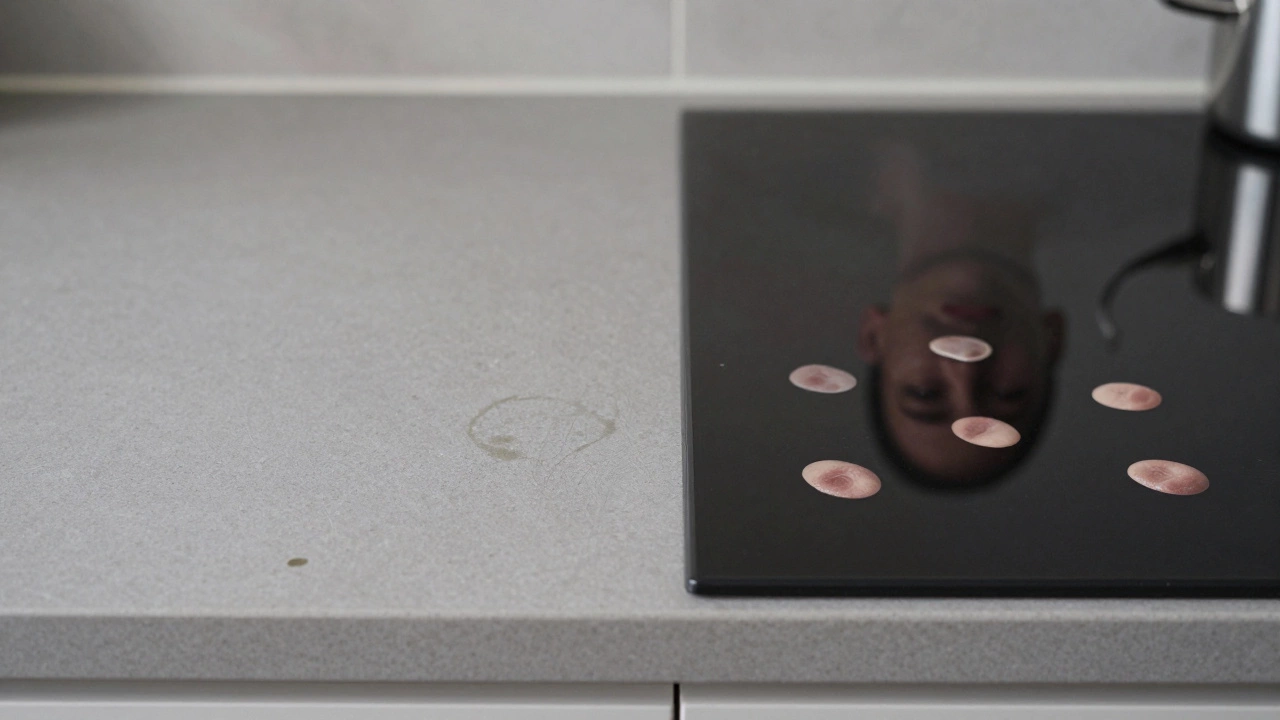 Сравнение матовой и глянцевой столешниц: одна с незаметными пятнами, другая с четкими отражениями.