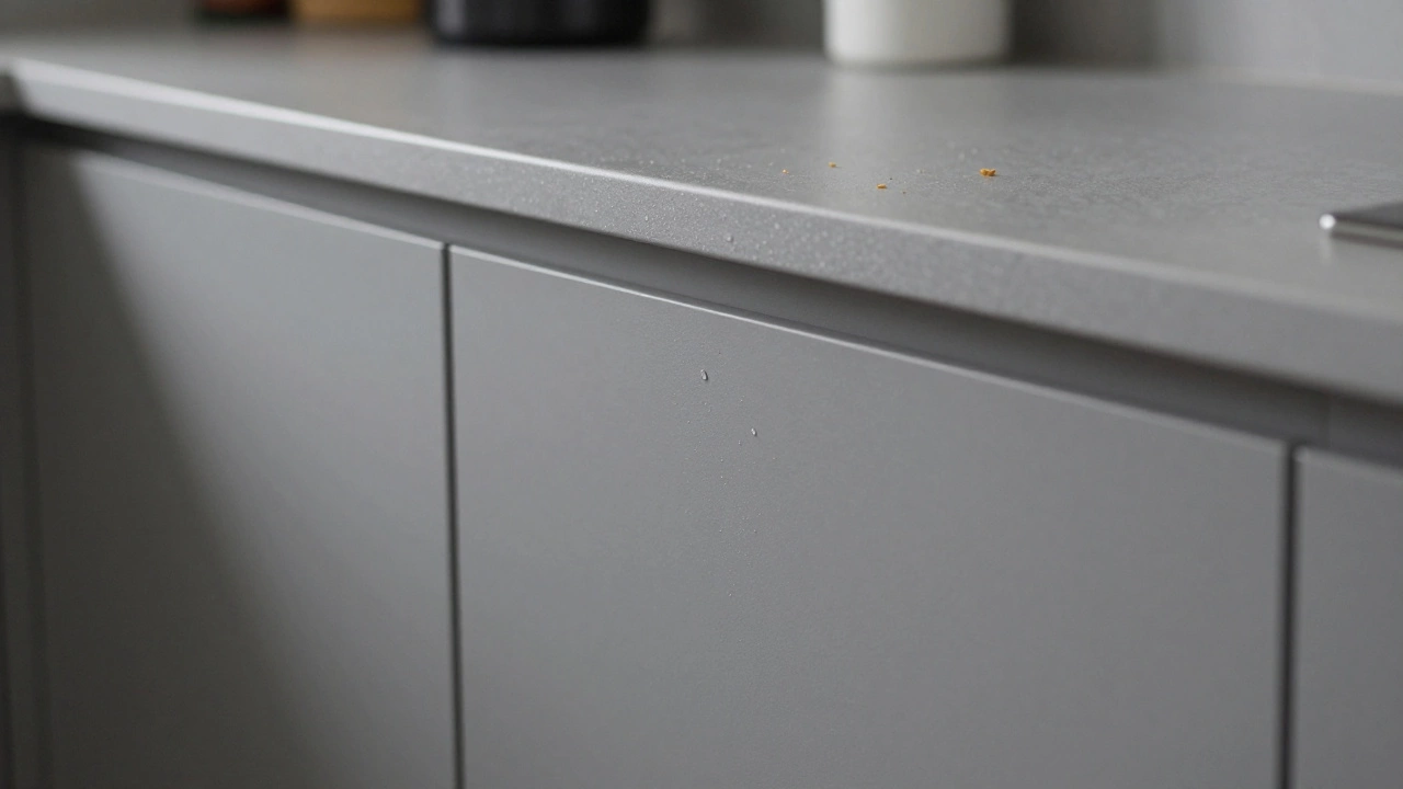 Средне-серые матовые фасады с каплями воды и мелкими крошками, без бликов.