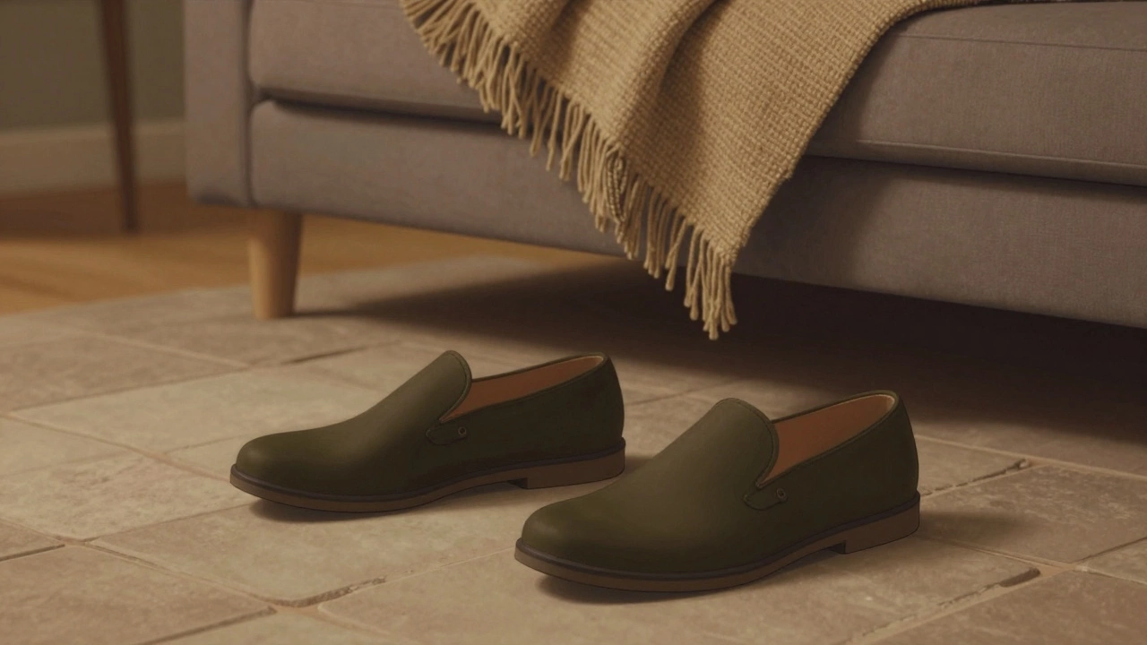 Темно-оливковые туфли на полу, гармонирующие с текстурным пледом на диване