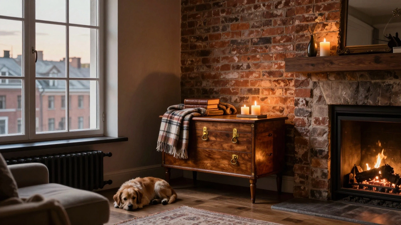 Деревянный сундук на ножках с кожаными ручками, используемый как сиденье и хранилище пледов и книг.