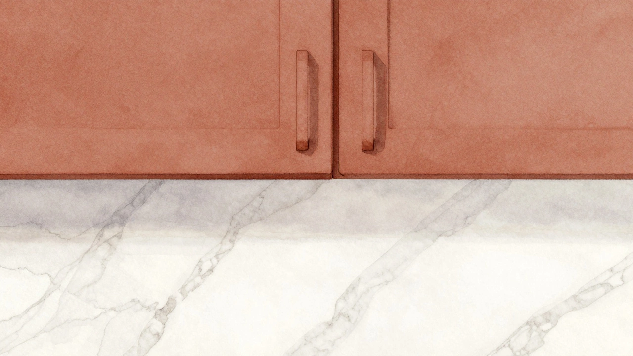 Двухцветный гарнитур: матовый терракотовый верх и белый мраморный низ