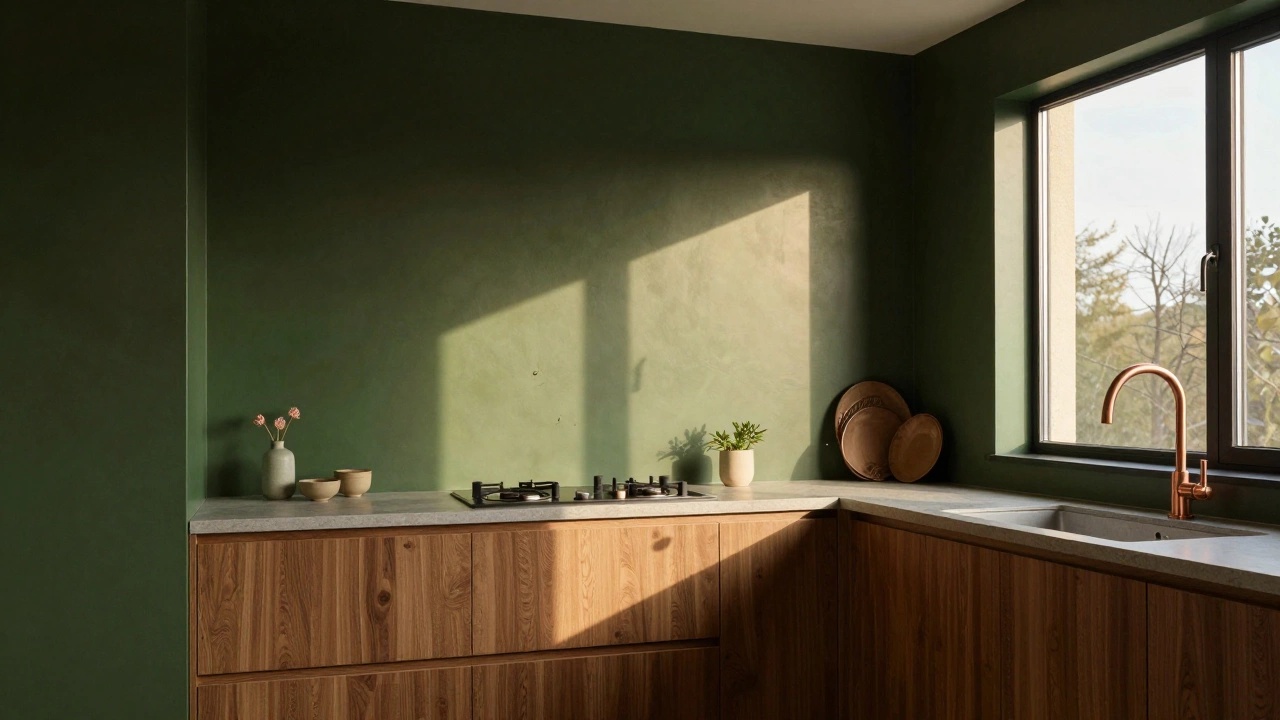 Кухня с глубокими зелеными обоями, деревянной мебелью и медной фурнитурой.