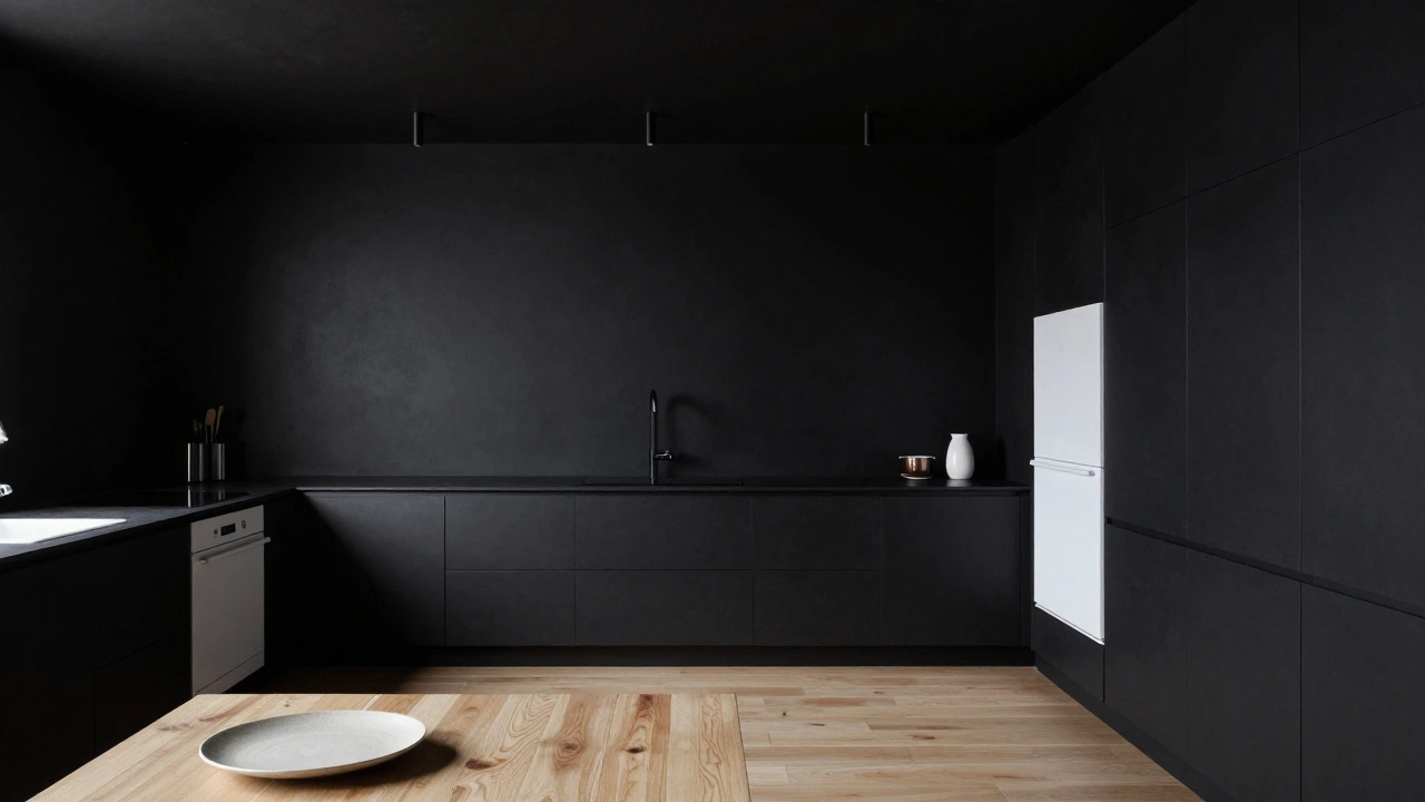 Кухня с матовыми черными обоями, светлым полом и мягким освещением.