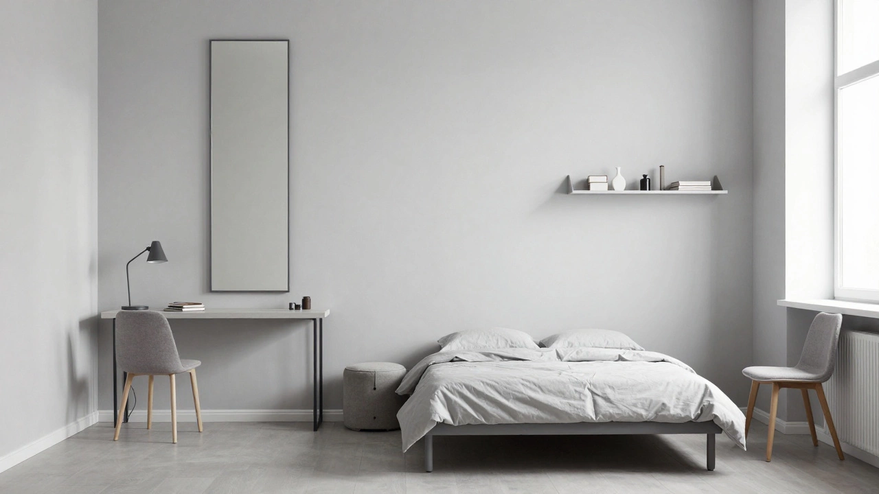 Маленькая спальня с вертикальным зеркалом, кроватью на ножках и компактным пуфом с хранением.