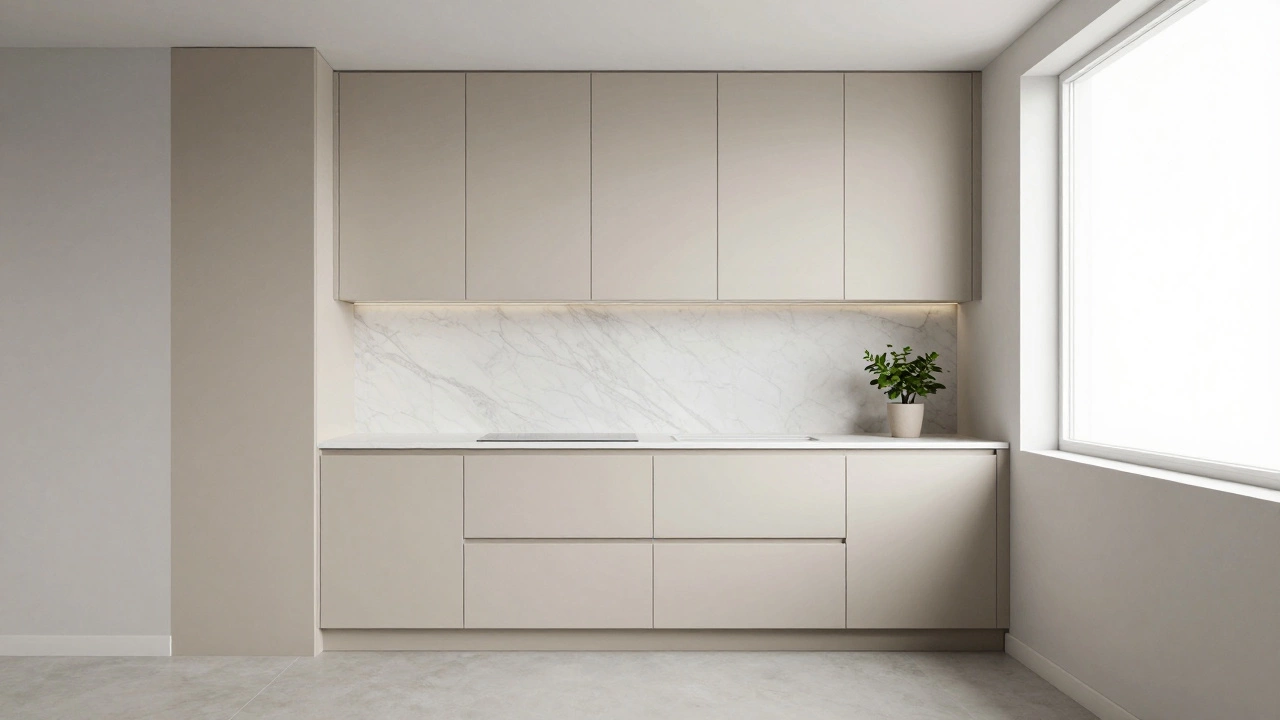 Минималистичная кухня с бежевым матовым гарнитуром в маленьком пространстве