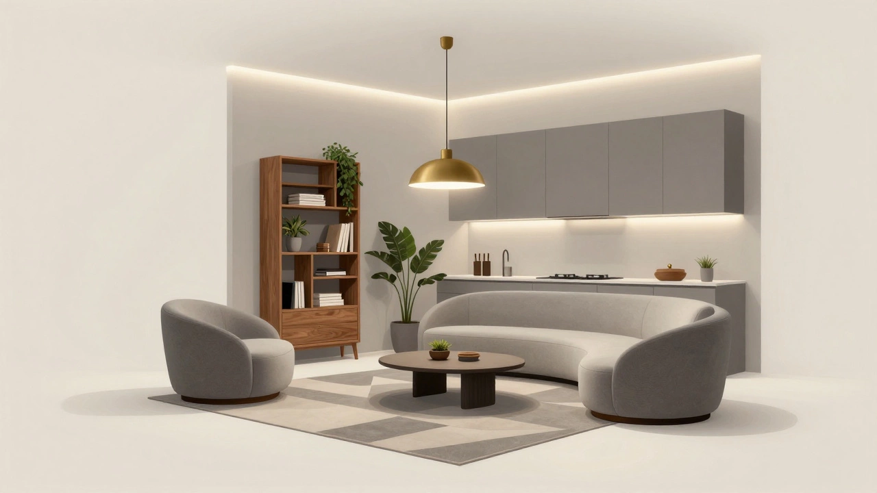 Модульные кресла и диван в центре комнаты, открытые полки как перегородка, геометрический ковёр и мягкое освещение создают уют.