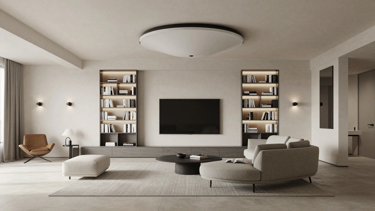 Небольшая гостиная без мебели у стен: потолочный телевизор, диван на ножках, книжные полки-перегородки, зеркала и световые акценты.