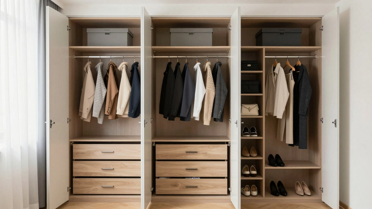 Просторный шкаф-купе с зеркальными дверями и организованным внутренним пространством для одежды.