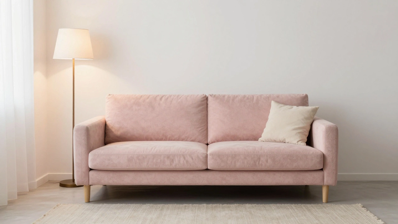 Пудрово-бежевый диван в маленькой гостиной с мягким освещением, создающий ощущение простора и спокойствия.