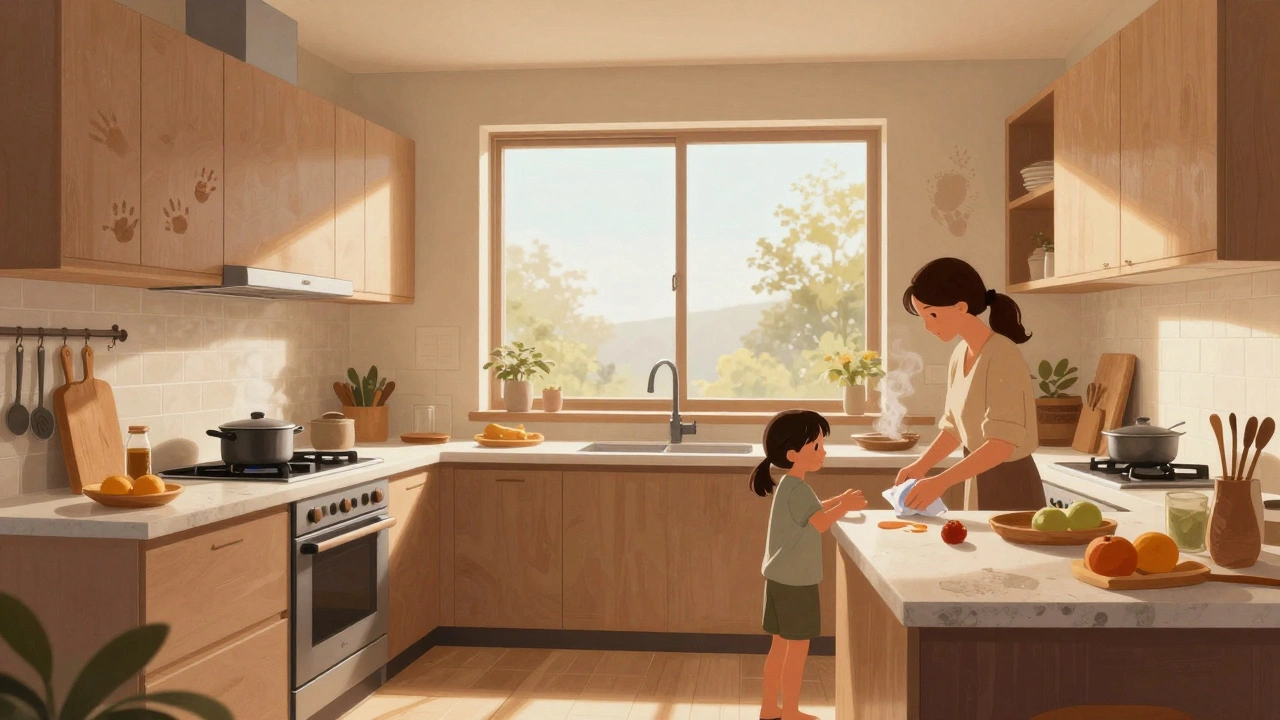 Семья готовит на кухне с матовыми фасадами, избегая бликов от окна, тихая уютная атмосфера.