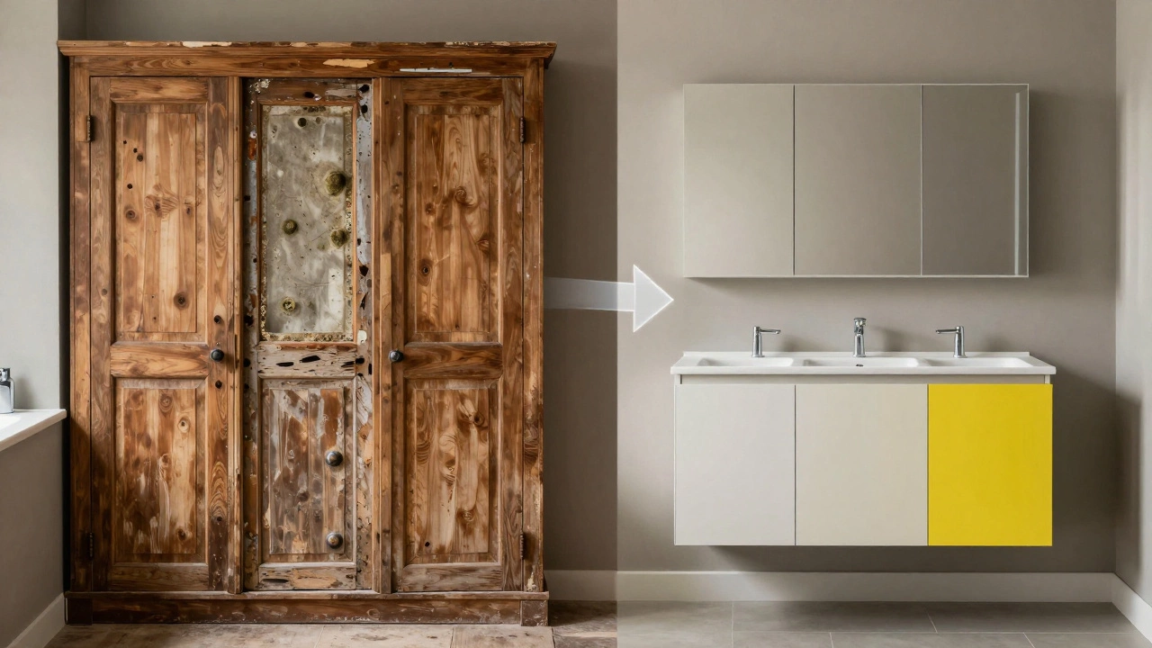 Сравнение старой поврежденной мебели и новой влагостойкой ванной мебели.