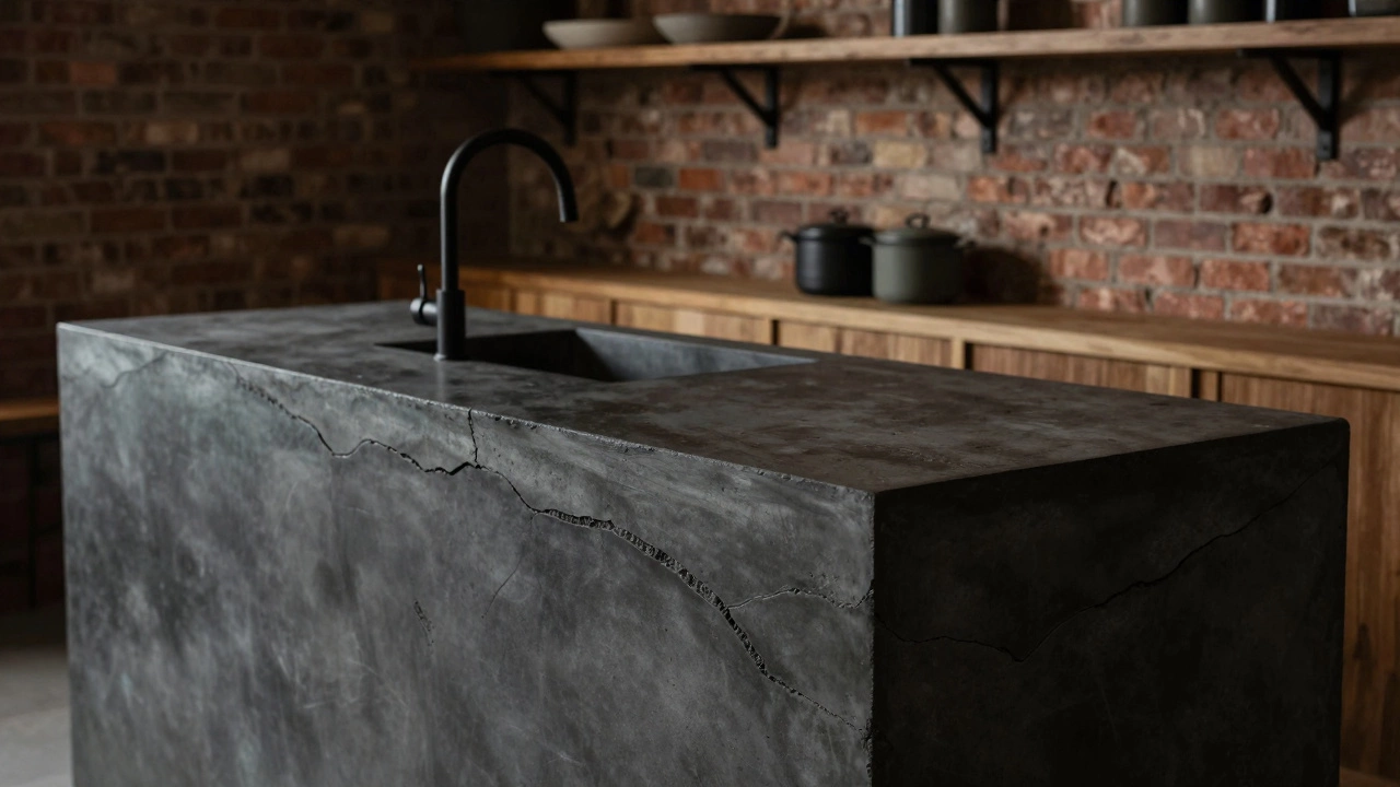 Темная бетонная столешница с текстурой и деревянными полками в индустриальном стиле.