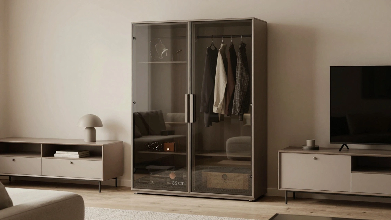 Узкая тумба с матовым стеклом и металлическими ручками между диваном и телевизором в современной гостиной.