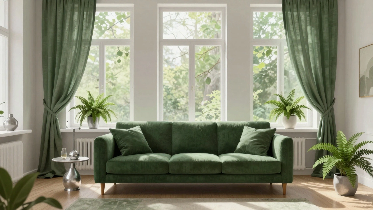 Зелёный диван в комнате с льняными шторами и растениями, наполненный естественным светом.