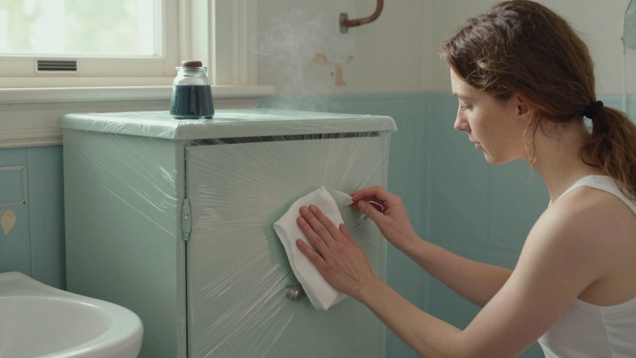 Женщина накладывает влажную ткань на вздувшийся фасад шкафа для восстановления.