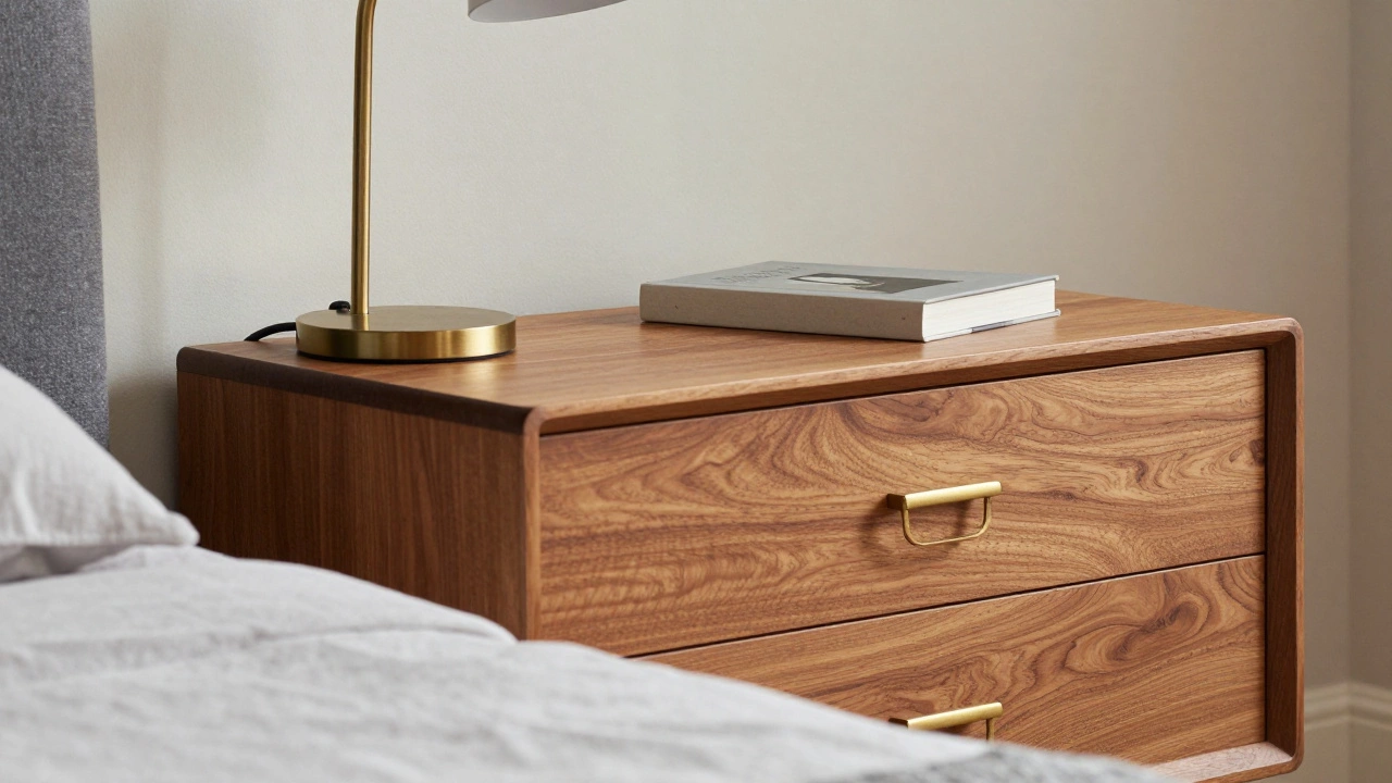 Деталь спальни: современная кровать рядом с винтажной тумбой, одинаковые латунные светильники и книги на поверхности.