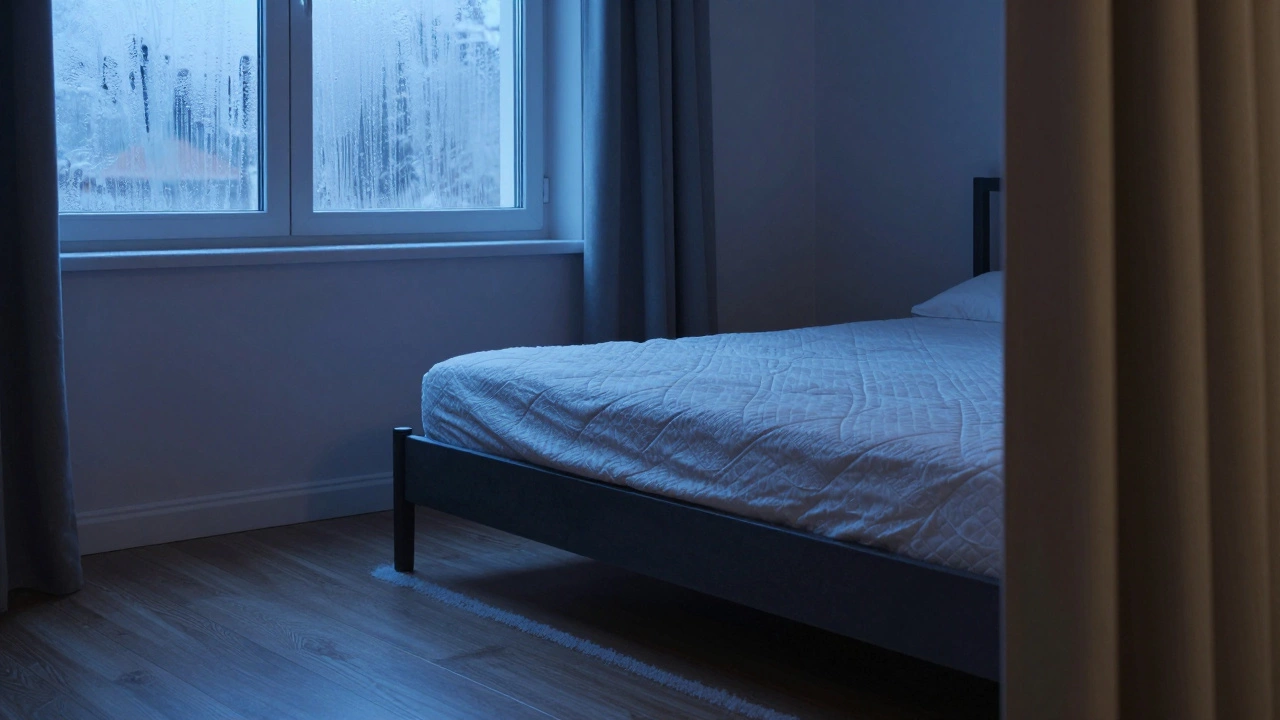 Кровать под окном, на стене видна конденсация и следы влаги.