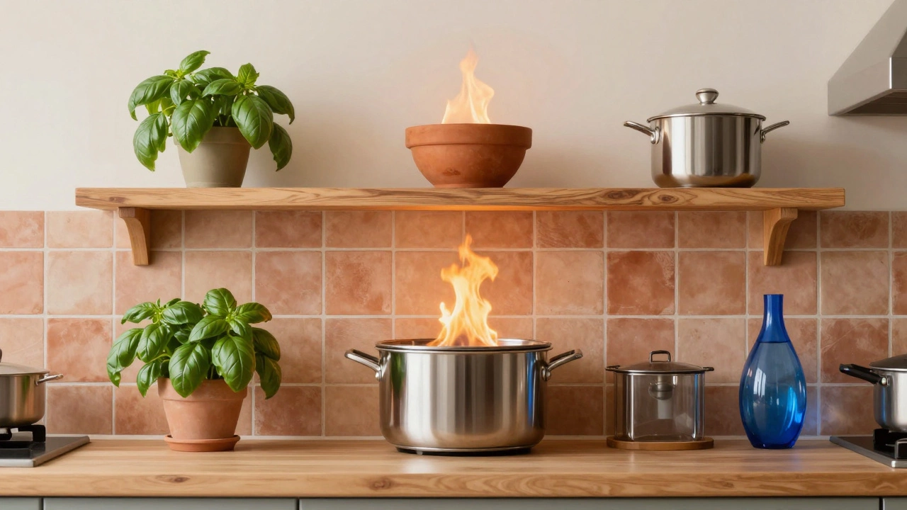 Кухня с пятью элементами фэншуй: зелень, терракота, дерево, металл и синий акцент — в идеальном балансе.