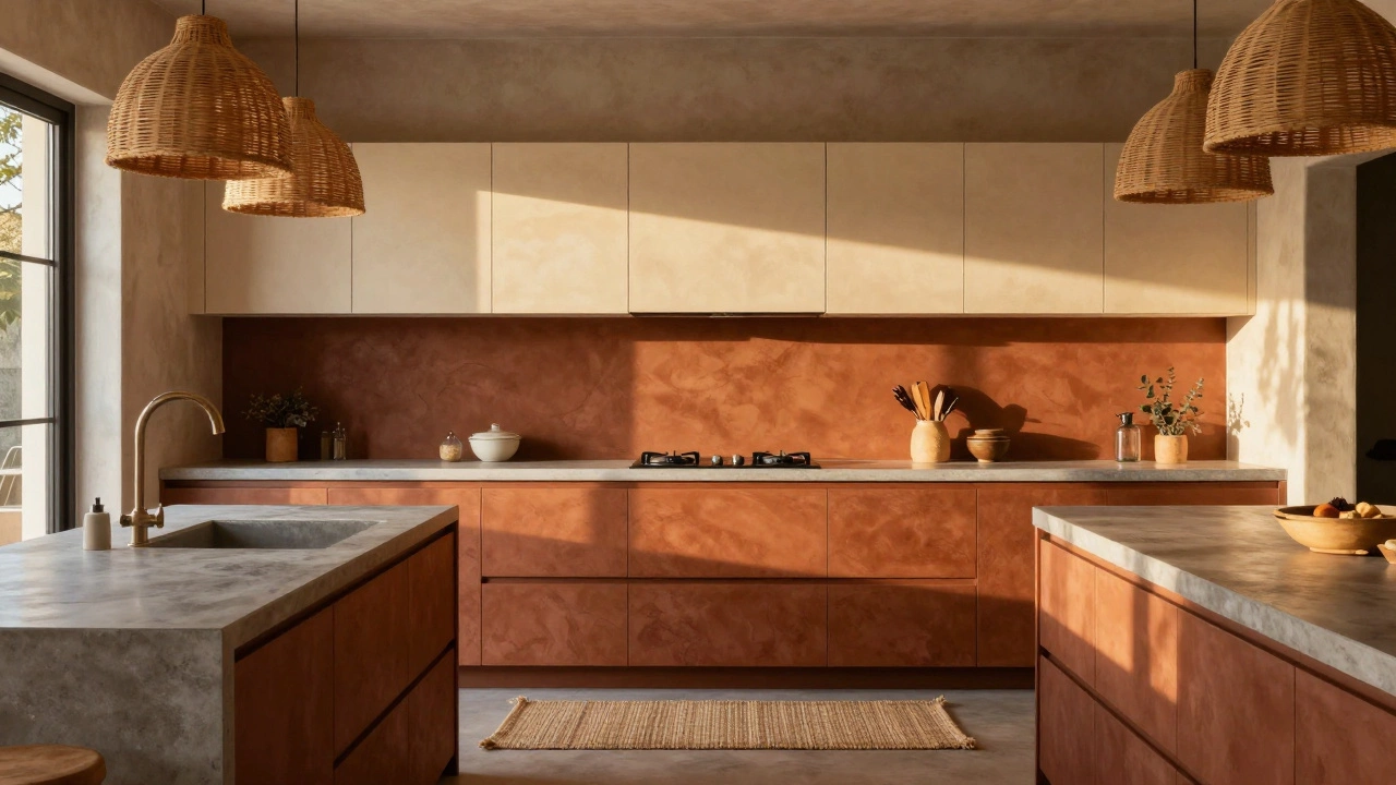Кухонный гарнитур в терракотовых и кремовых тонах с фактурными стенами