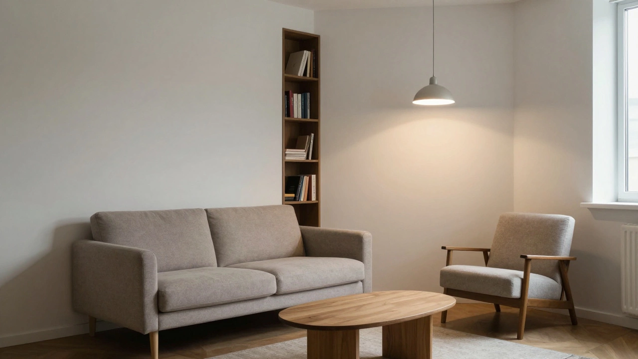 Маленькая гостиная 10 кв.м: один диван от стены, одно кресло под углом, полка за диваном, мягкий свет и минимальный декор.