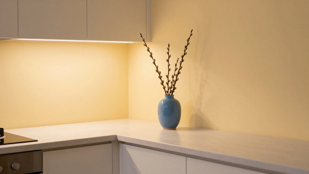 Маленькая кухня на севере с светло-жёлтыми стенами и синей вазой, освещённая тёплым светом.