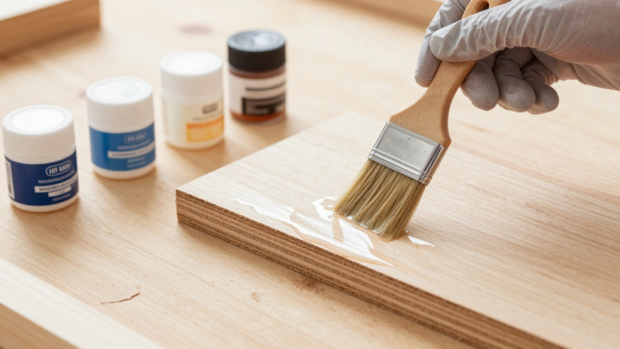 Нанесение защитного лака на торец деревянной панели кистью в мастерской