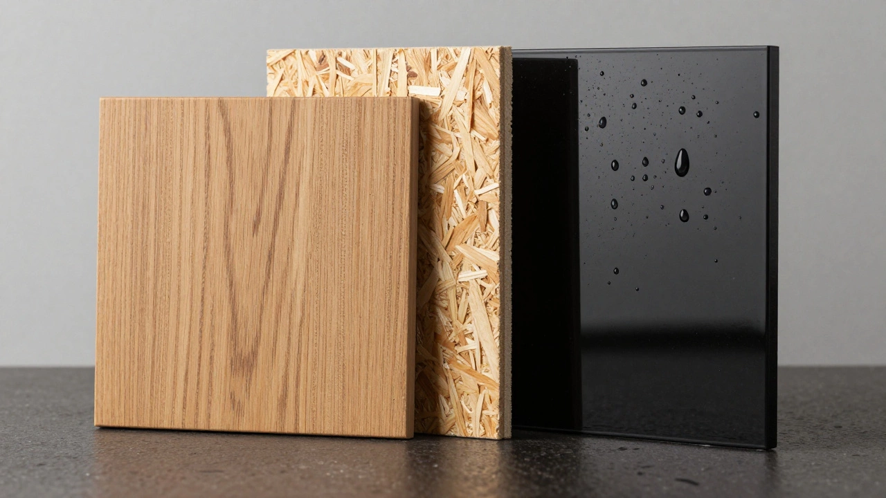 Образцы влагостойких материалов мебели с каплями воды