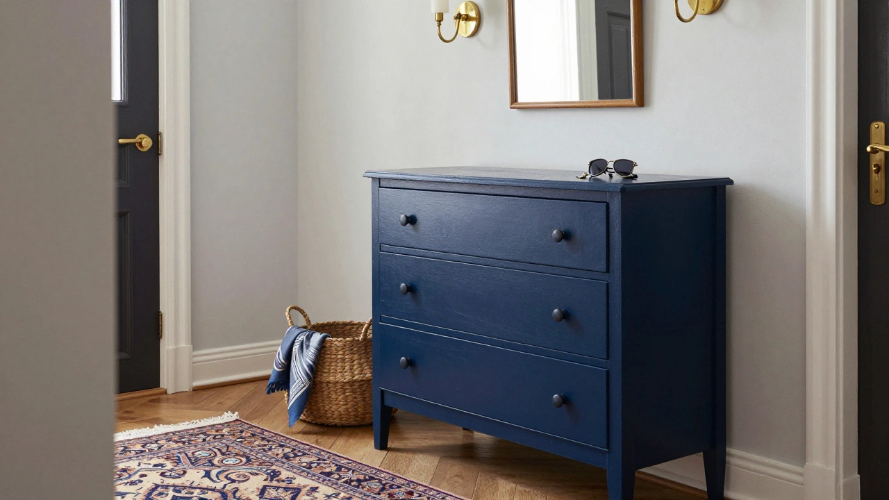 Перекрашенный советский комод у входа в гостиную с ключами, корзиной и зеркалом.