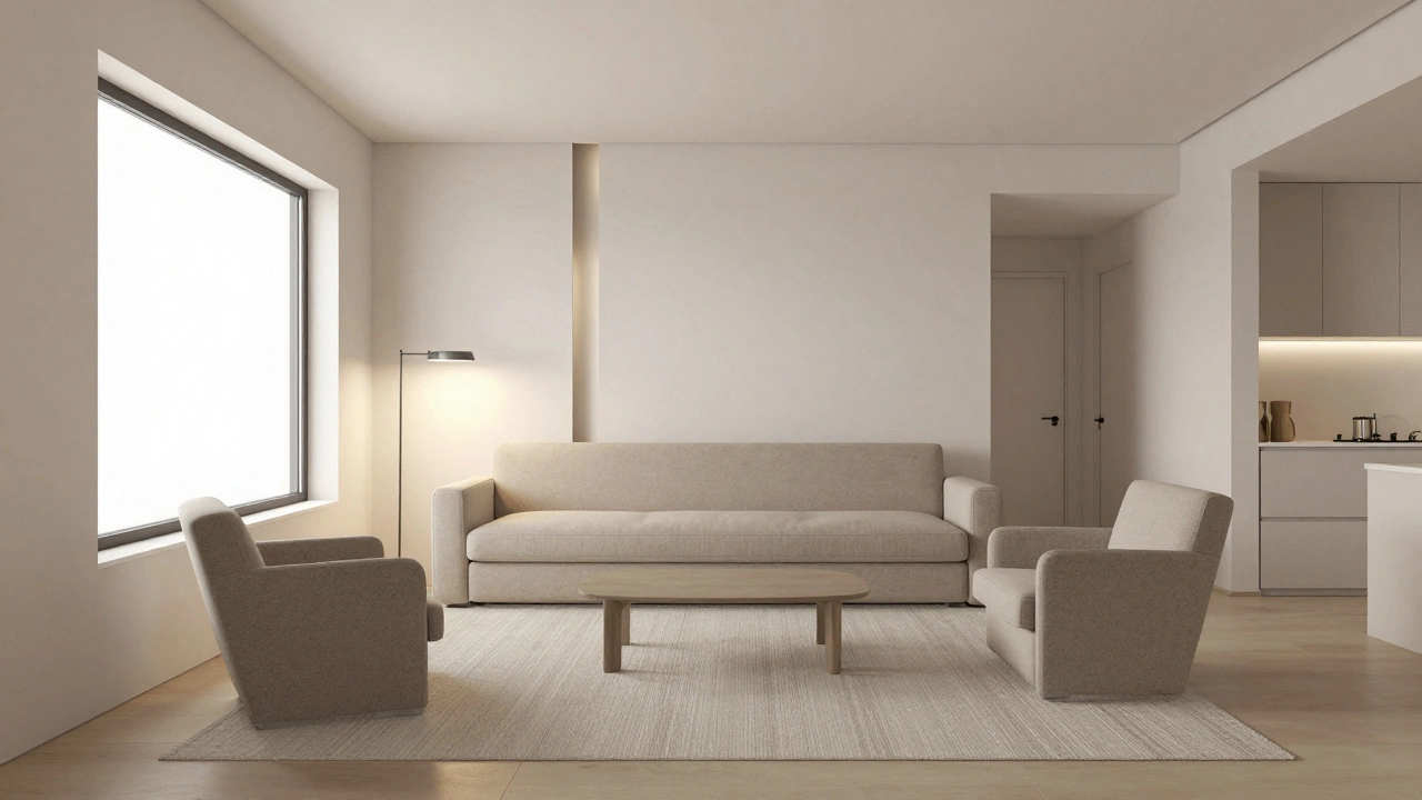 Прямоугольная гостиная с диваном поперек комнаты, креслами под углом и зоной чтения у окна, минимализм и равномерное освещение.