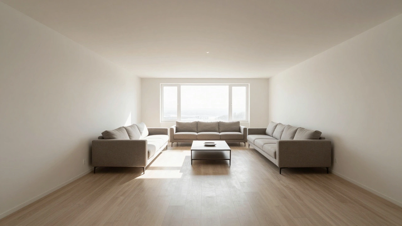 Просторная гостиная с диваном вдоль стены и свободными проходами вокруг.