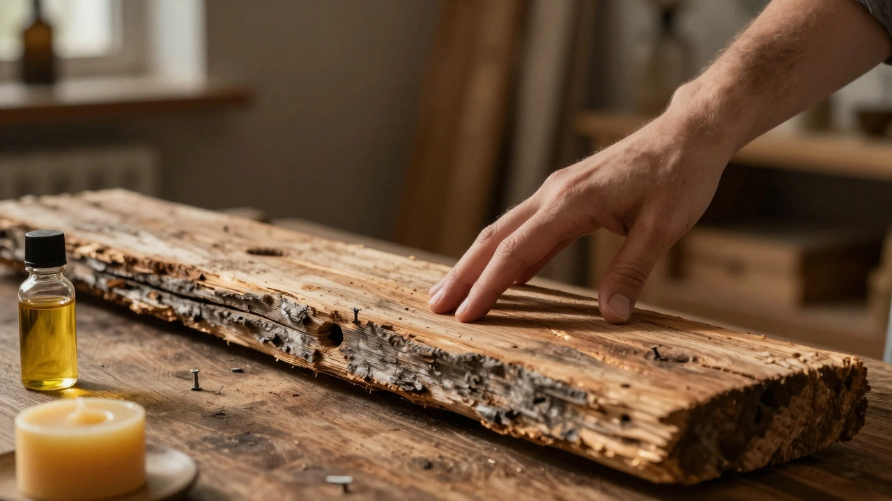 Рука прикасается к восстановленному дереву с видимыми следами времени и натуральными маслами.