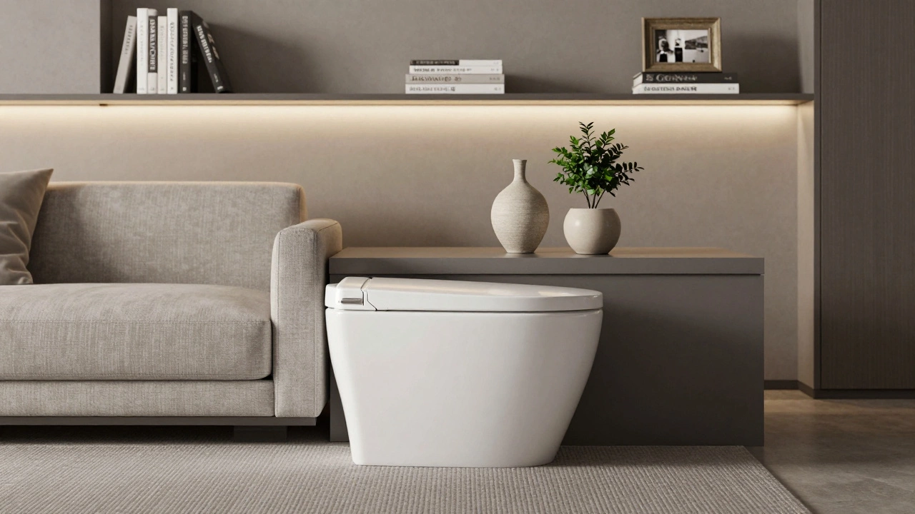 Современный комод без ручек, разделяющий зону отдыха и чтения в гостиной.