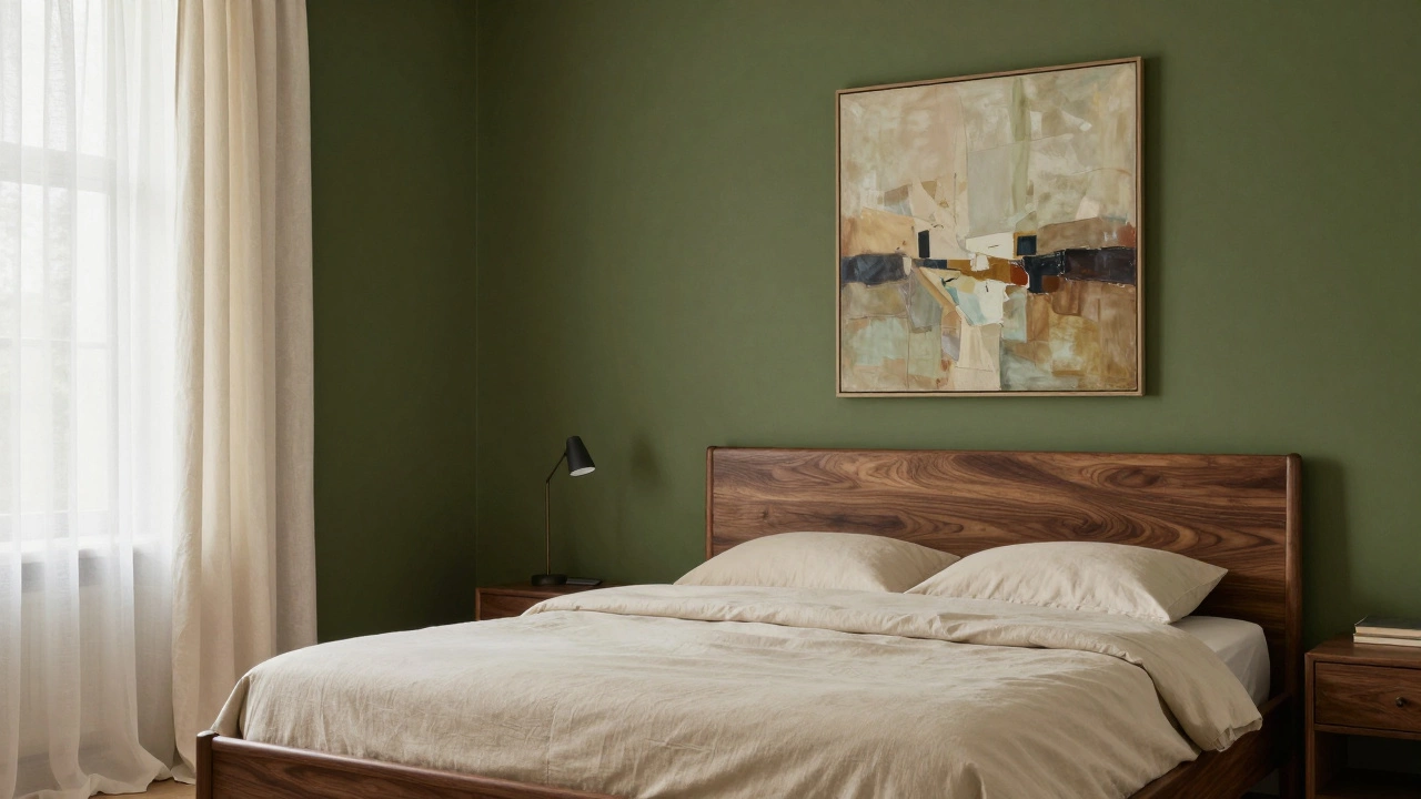 Спальня с темно-зеленой акцентной стеной и светлой мебелью, создающая атмосферу лесного коттеджа.